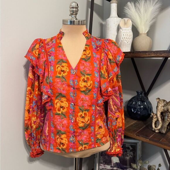 Farm Rio Red Spring Bananas Ruffle Blouse Women’s SIZE XS Red Floral - Picture 4 of 14